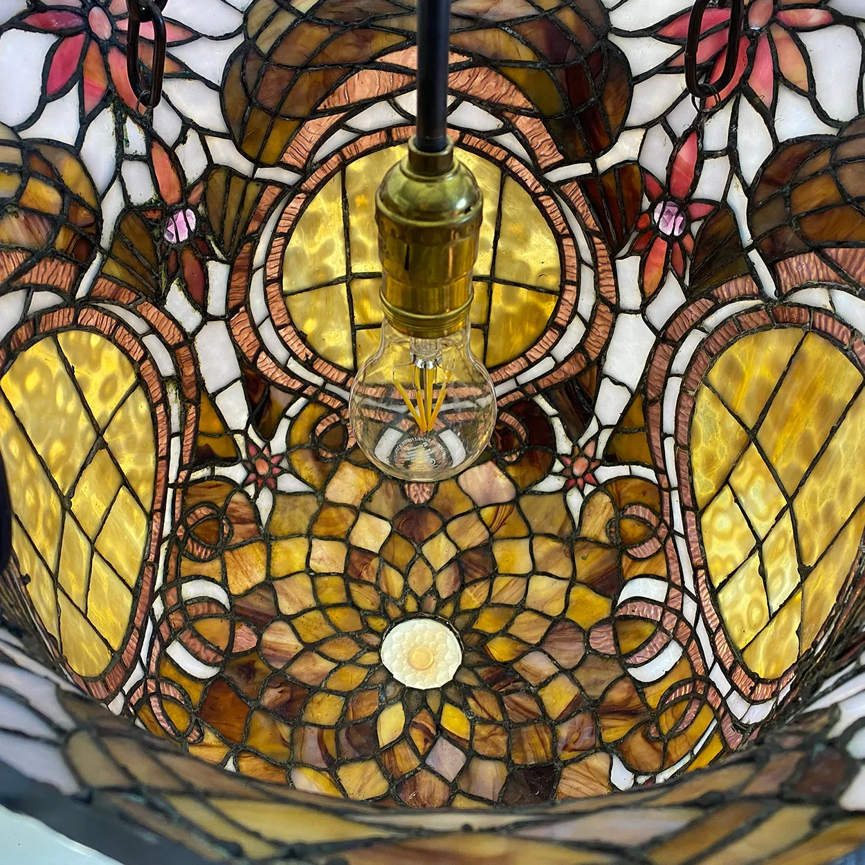 Large American Stained, Leaded Mosaic Glass One-Light Hanging Pendant Light