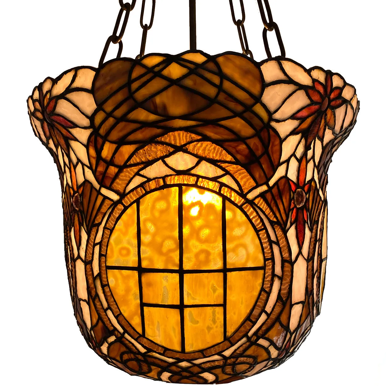 Large American Stained, Leaded Mosaic Glass One-Light Hanging Pendant Light
