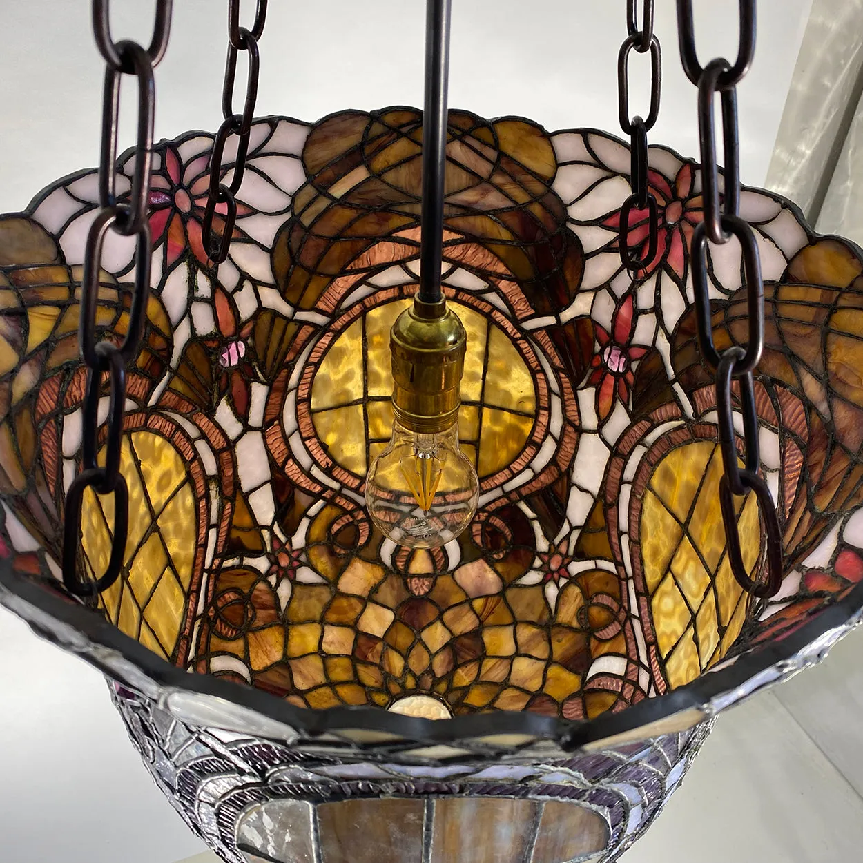 Large American Stained, Leaded Mosaic Glass One-Light Hanging Pendant Light