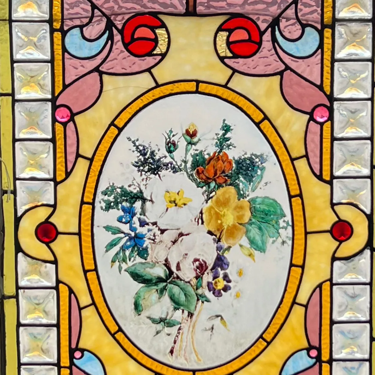 Large American Victorian Stained, Painted, Jewelled and Leaded Glass Window