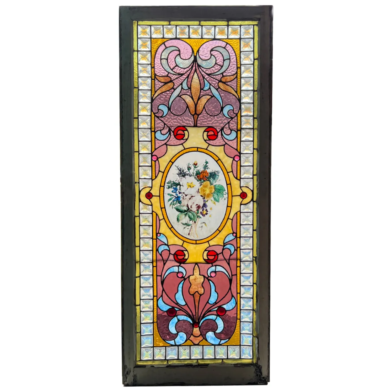 Large American Victorian Stained, Painted, Jewelled and Leaded Glass Window