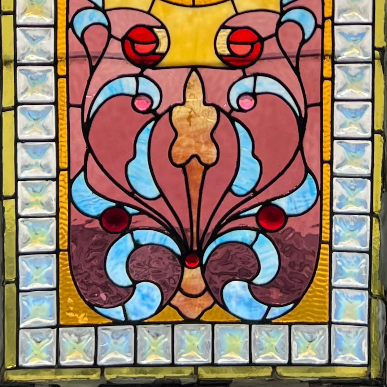 Large American Victorian Stained, Painted, Jewelled and Leaded Glass Window