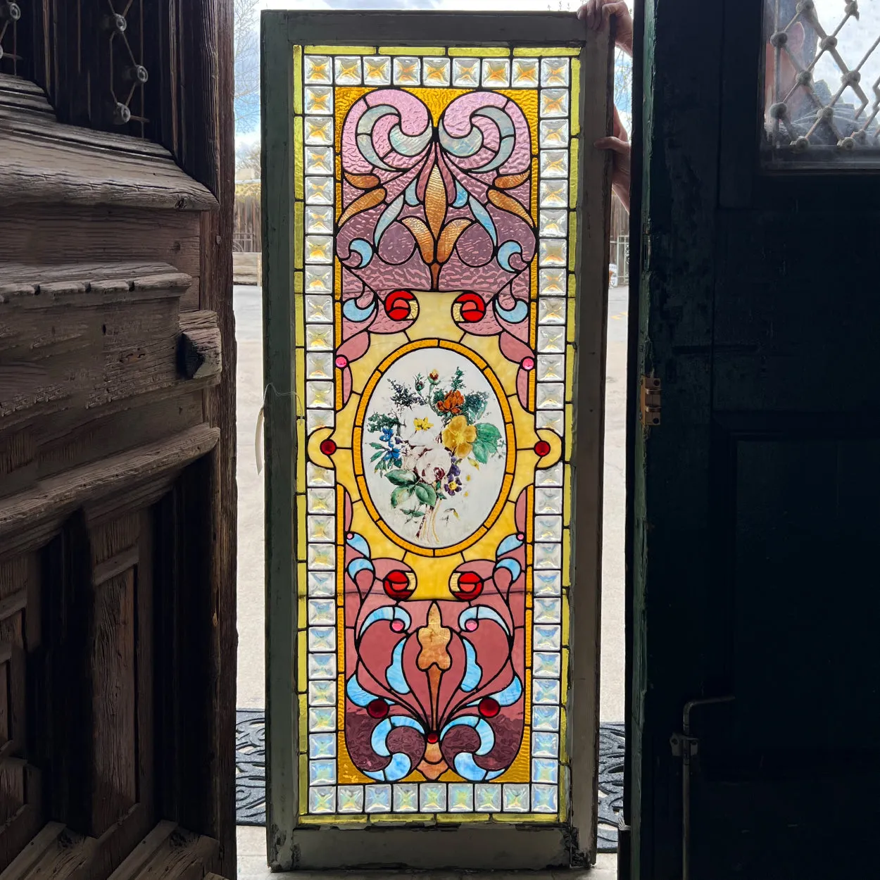 Large American Victorian Stained, Painted, Jewelled and Leaded Glass Window