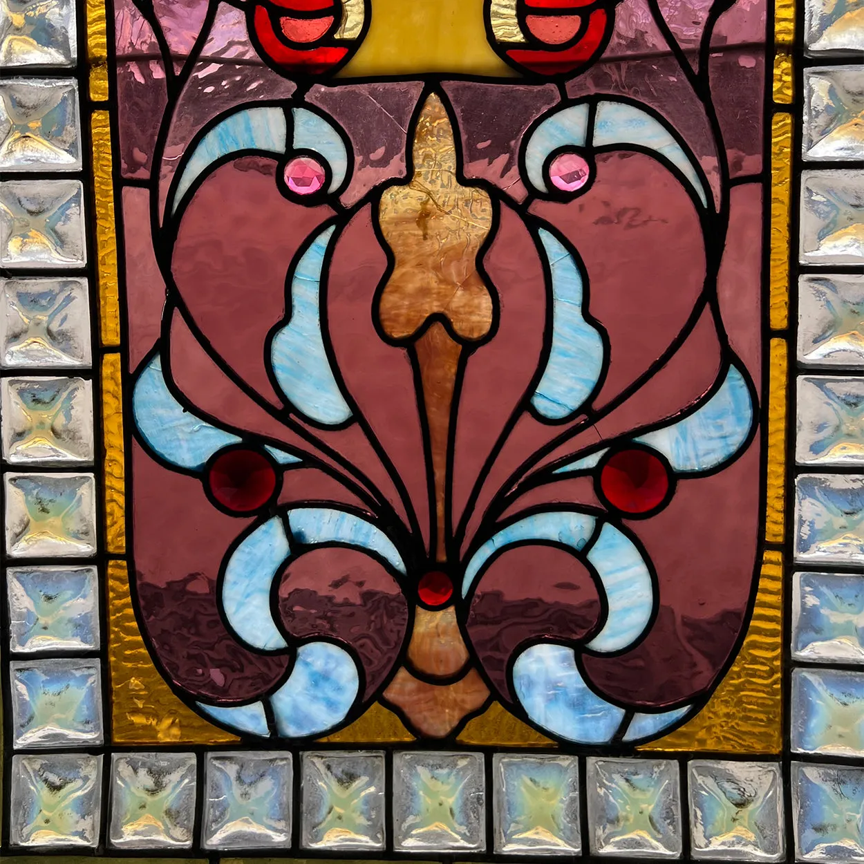 Large American Victorian Stained, Painted, Jewelled and Leaded Glass Window