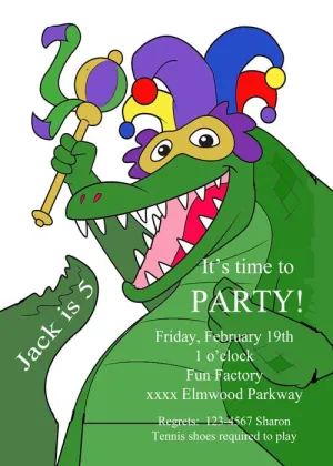 LARGE BELLY MARDI GRAS GATOR WITH SCEPTER CUSTOM INVITATION