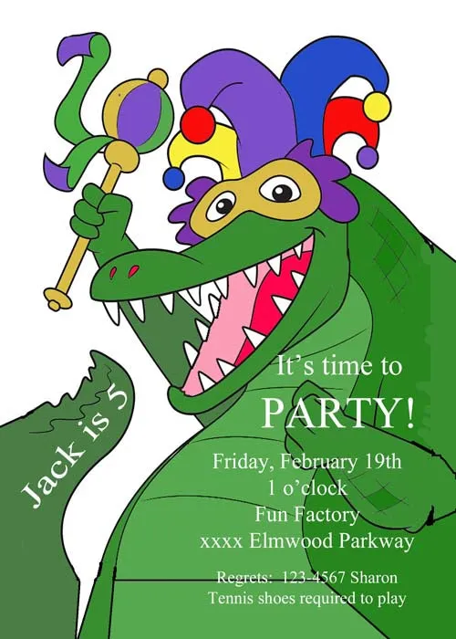 LARGE BELLY MARDI GRAS GATOR WITH SCEPTER CUSTOM INVITATION