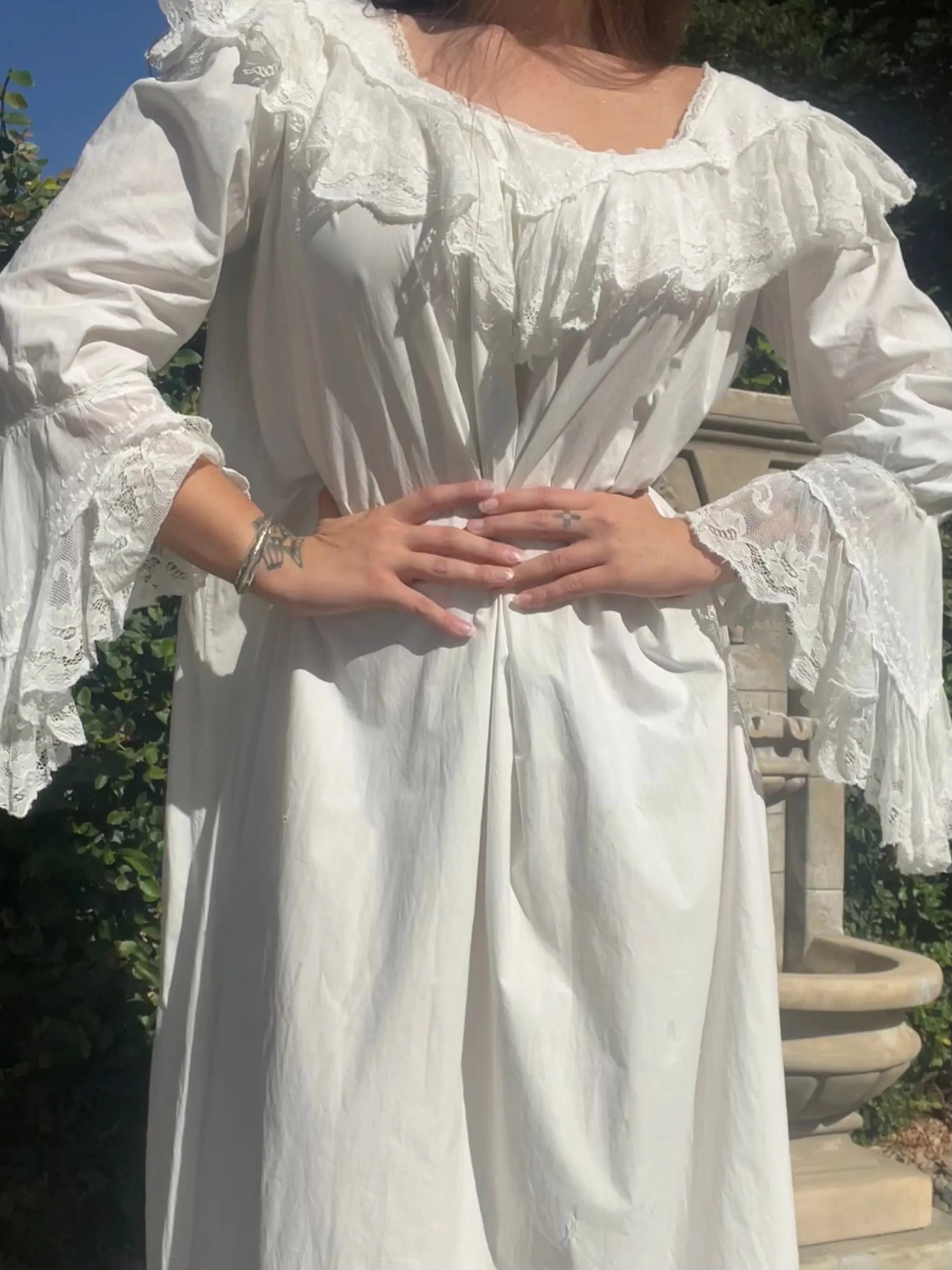 Late 19th C Cotton Ruffled Lace Angel Sleeve Trousseau Gown