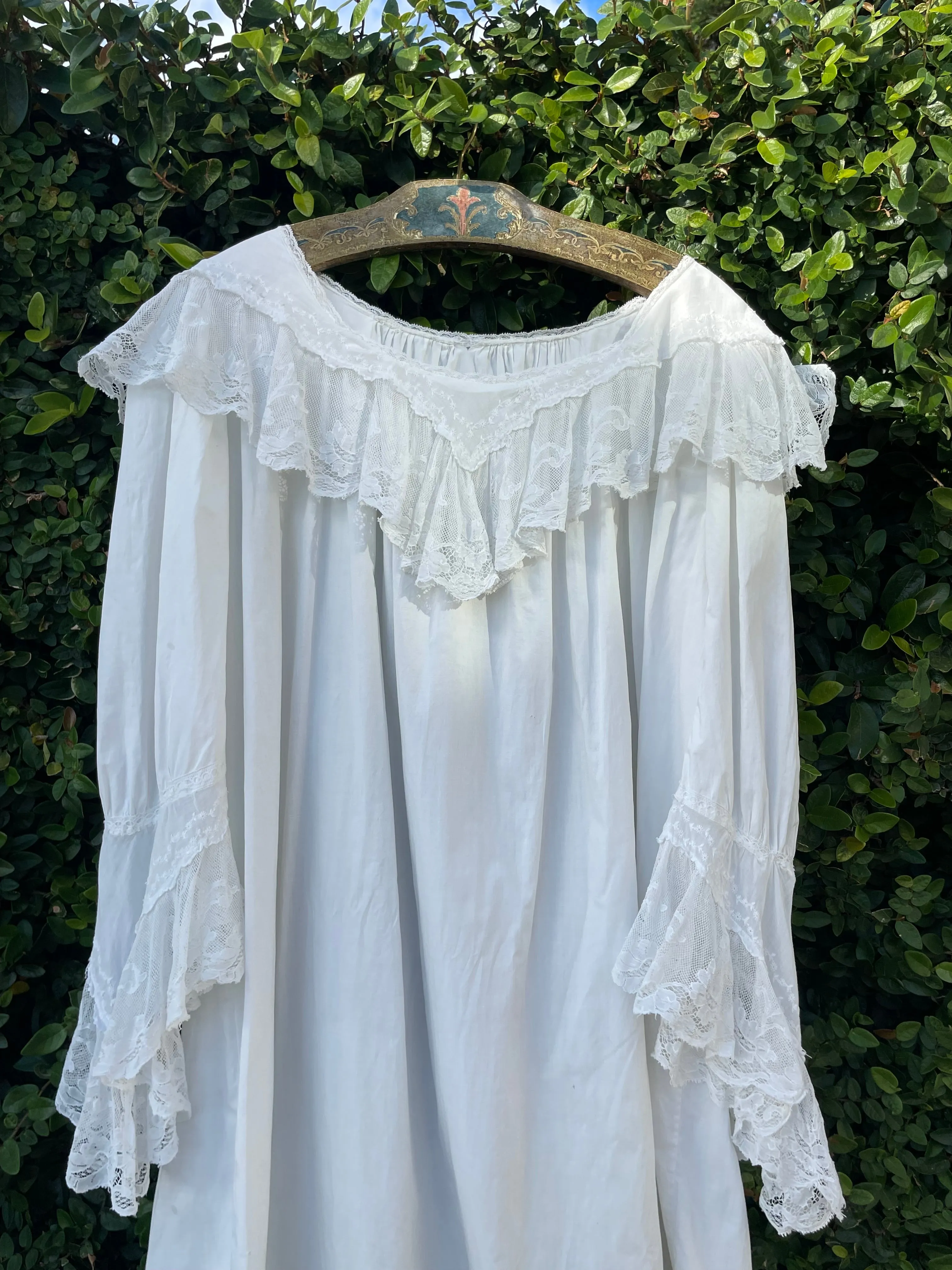 Late 19th C Cotton Ruffled Lace Angel Sleeve Trousseau Gown