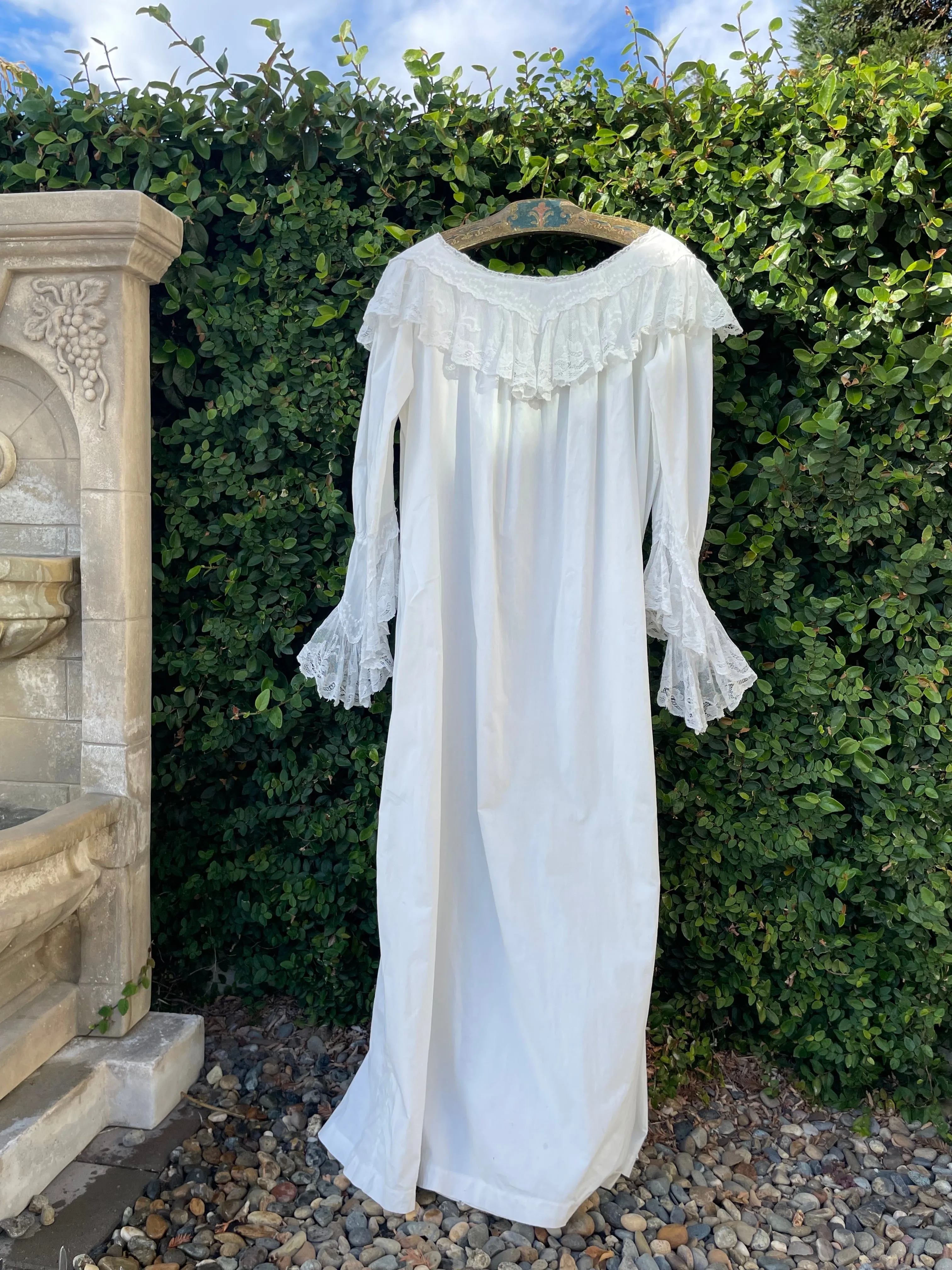 Late 19th C Cotton Ruffled Lace Angel Sleeve Trousseau Gown