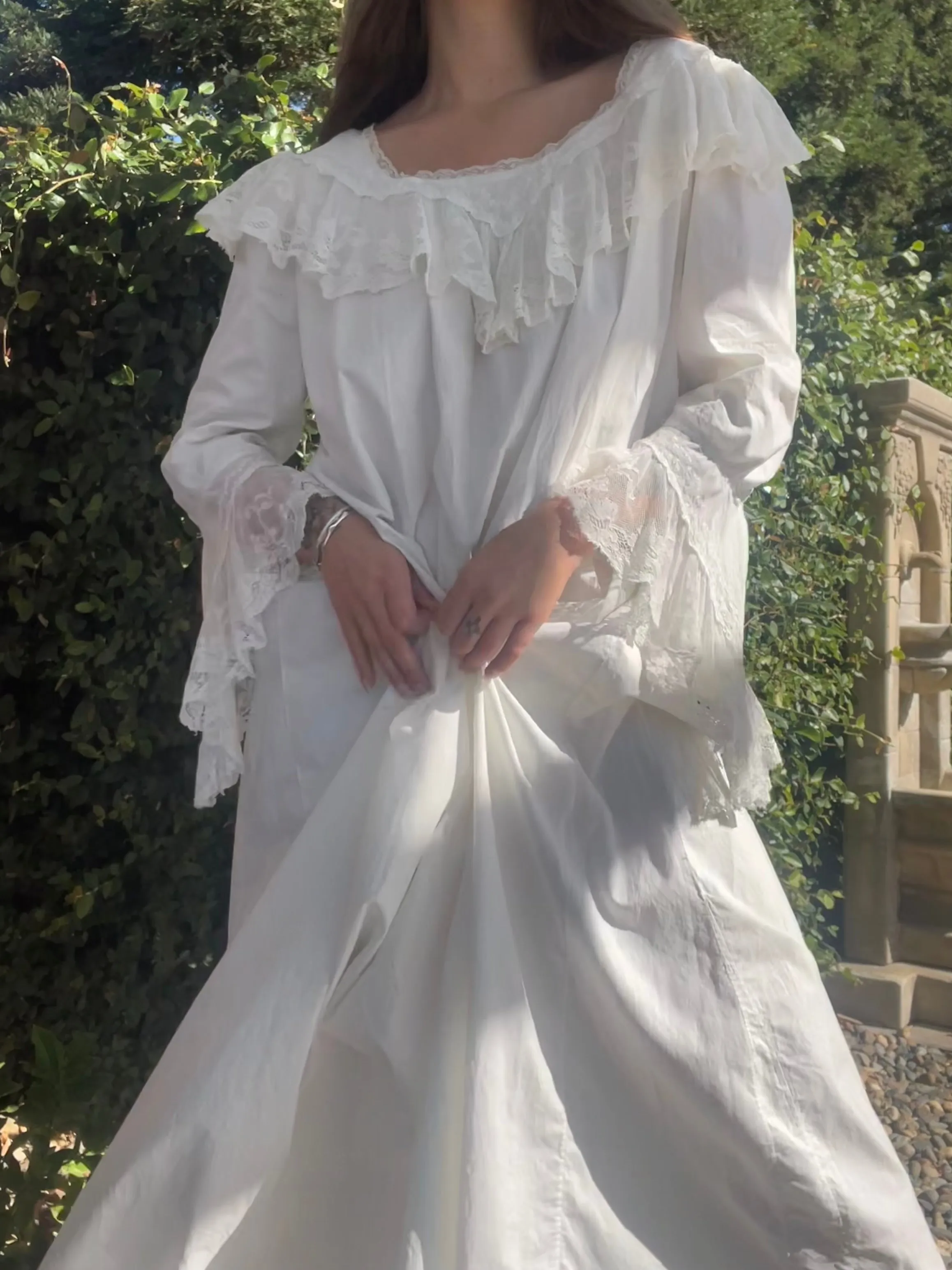 Late 19th C Cotton Ruffled Lace Angel Sleeve Trousseau Gown