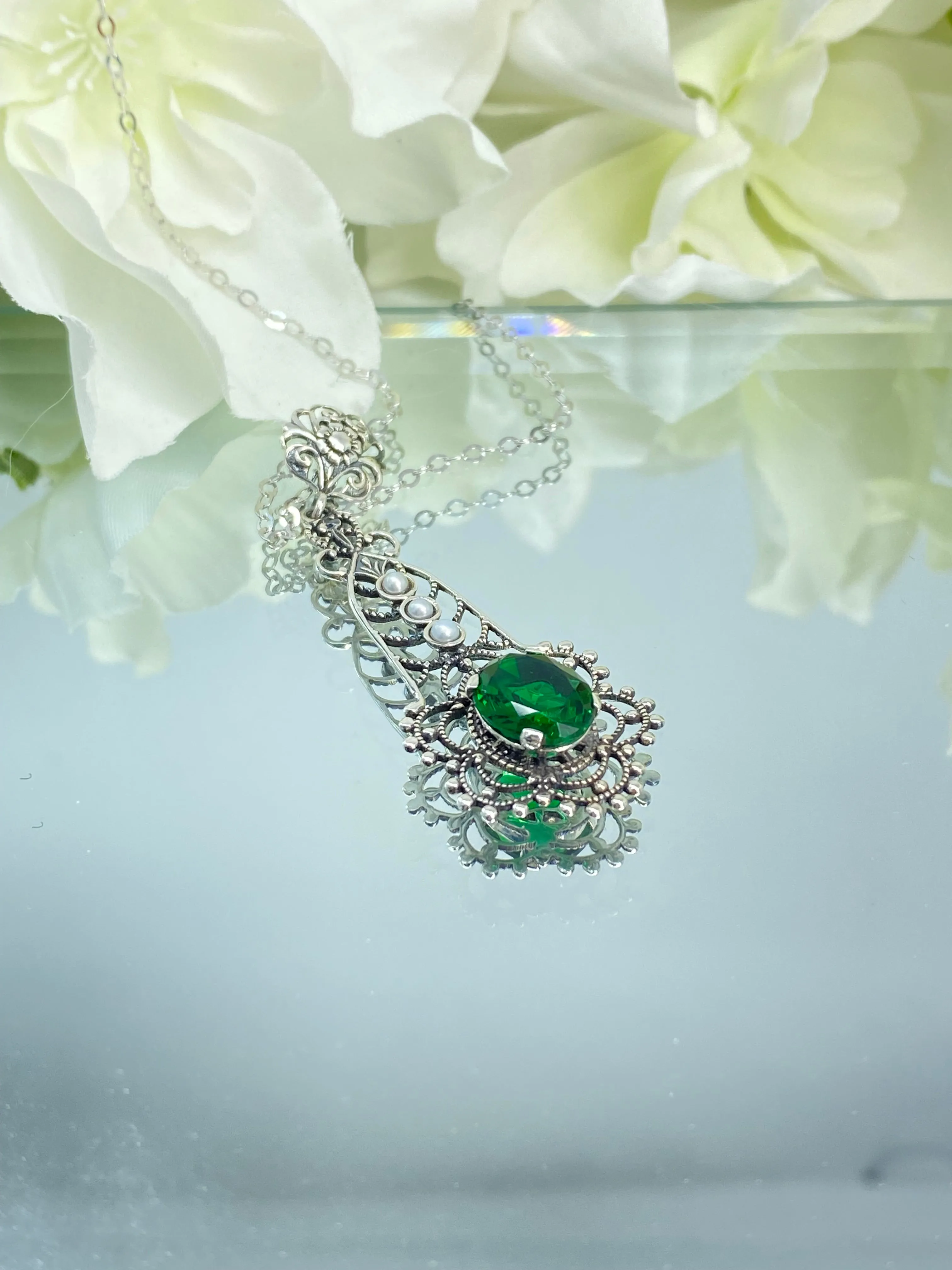 Lavaliere Pendant, Green Emerald Necklace #P17