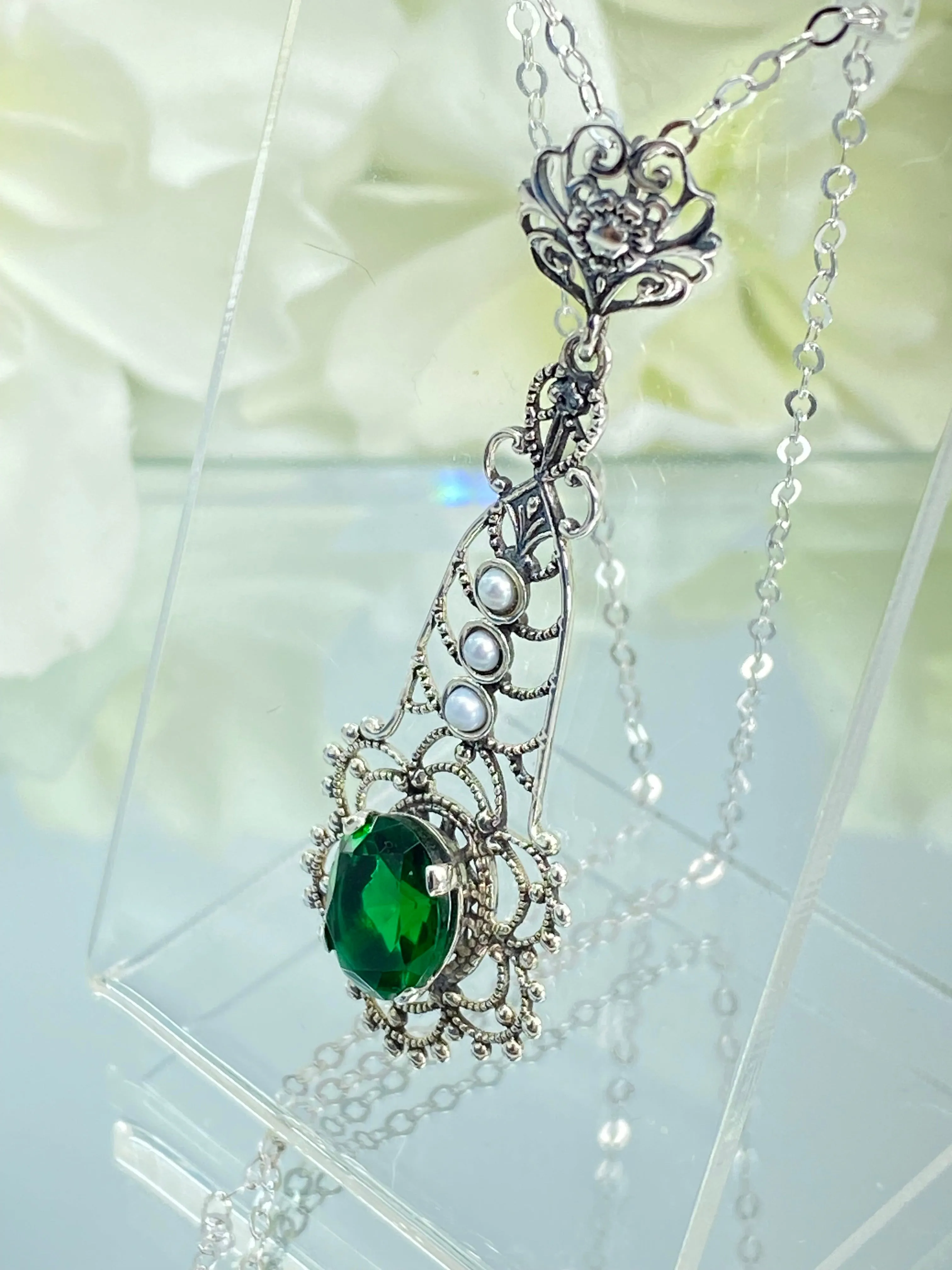 Lavaliere Pendant, Green Emerald Necklace #P17