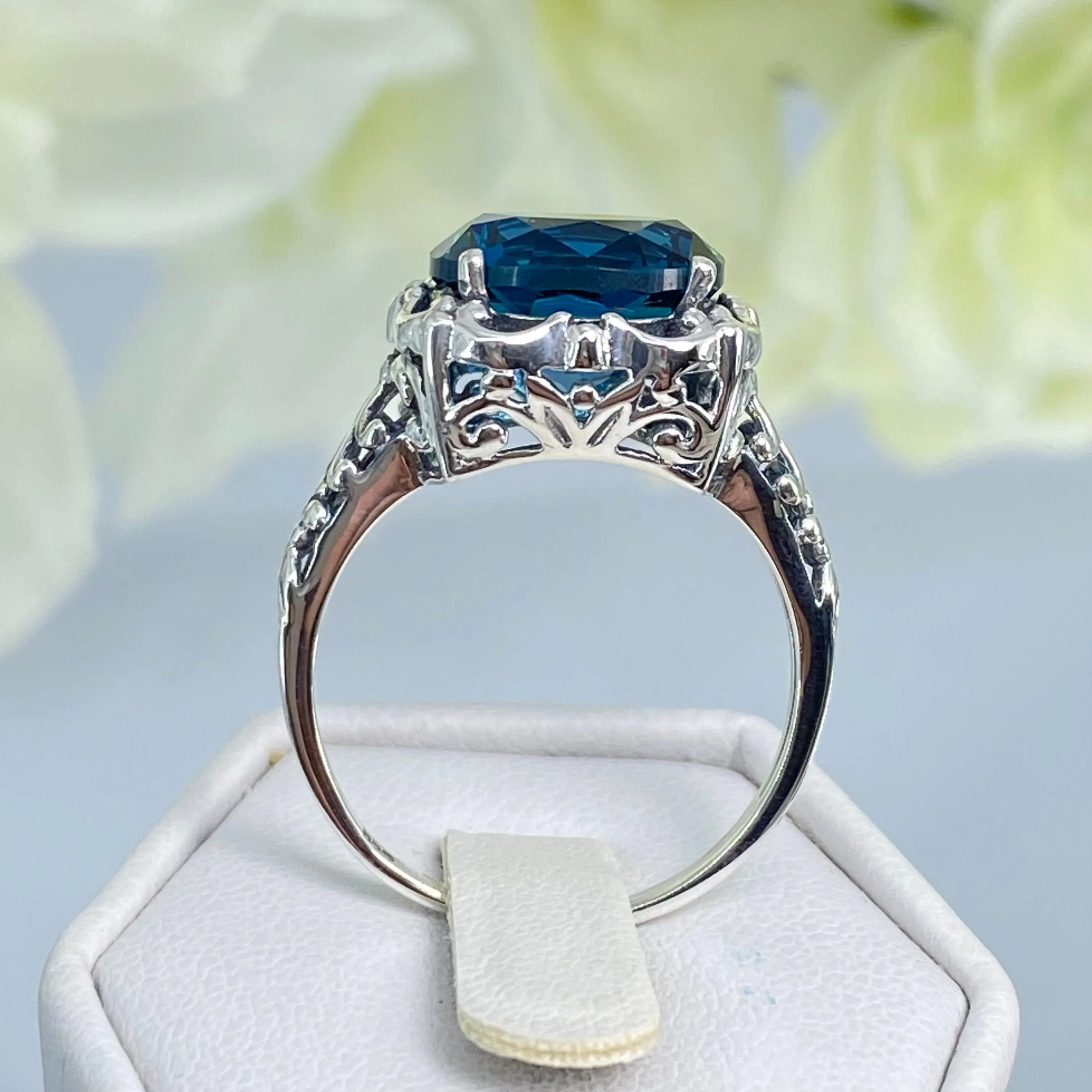 London Blue Topaz Victorian Ring, Size 8, Simulated Gemstone #D103 - Ready to Ship