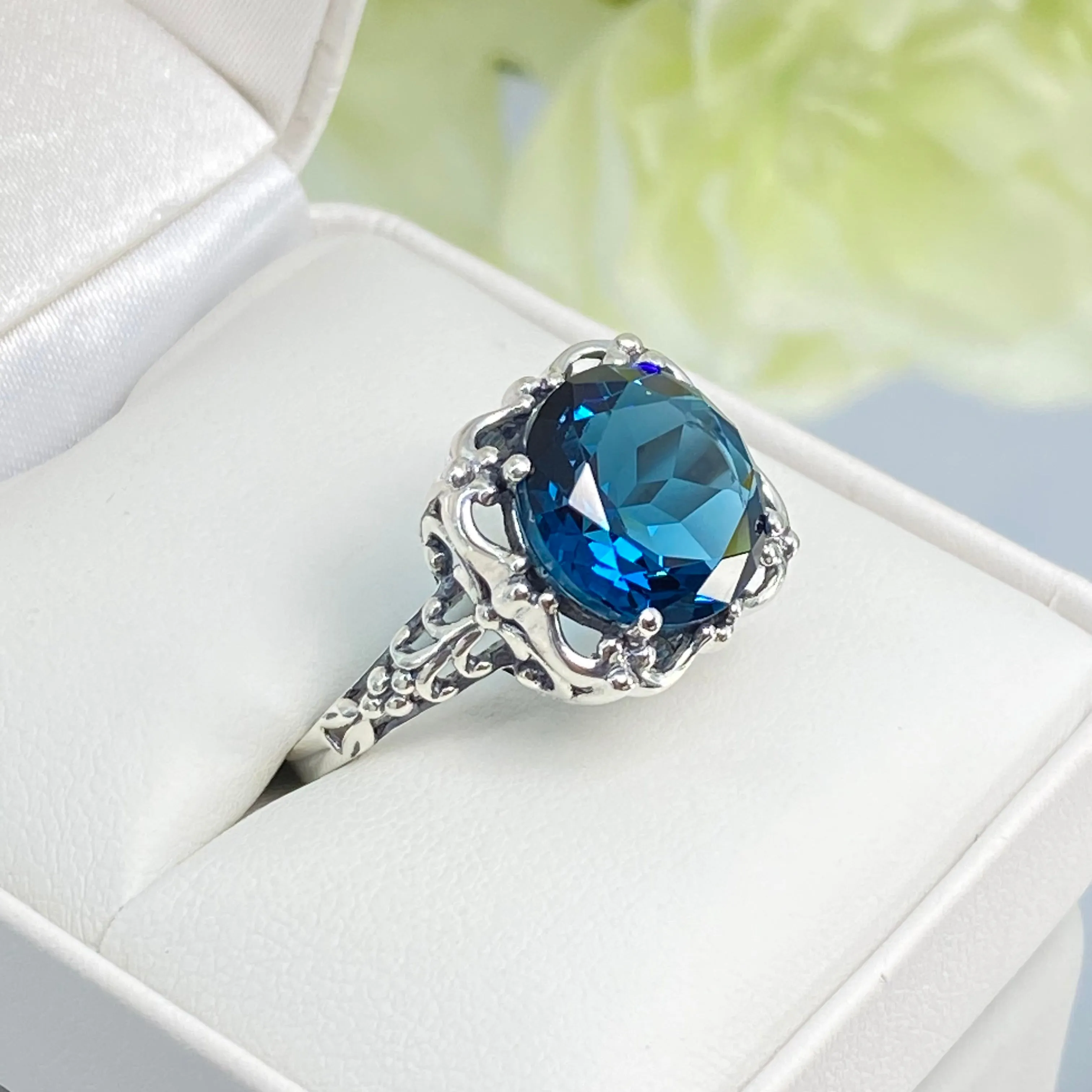 London Blue Topaz Victorian Ring, Size 8, Simulated Gemstone #D103 - Ready to Ship