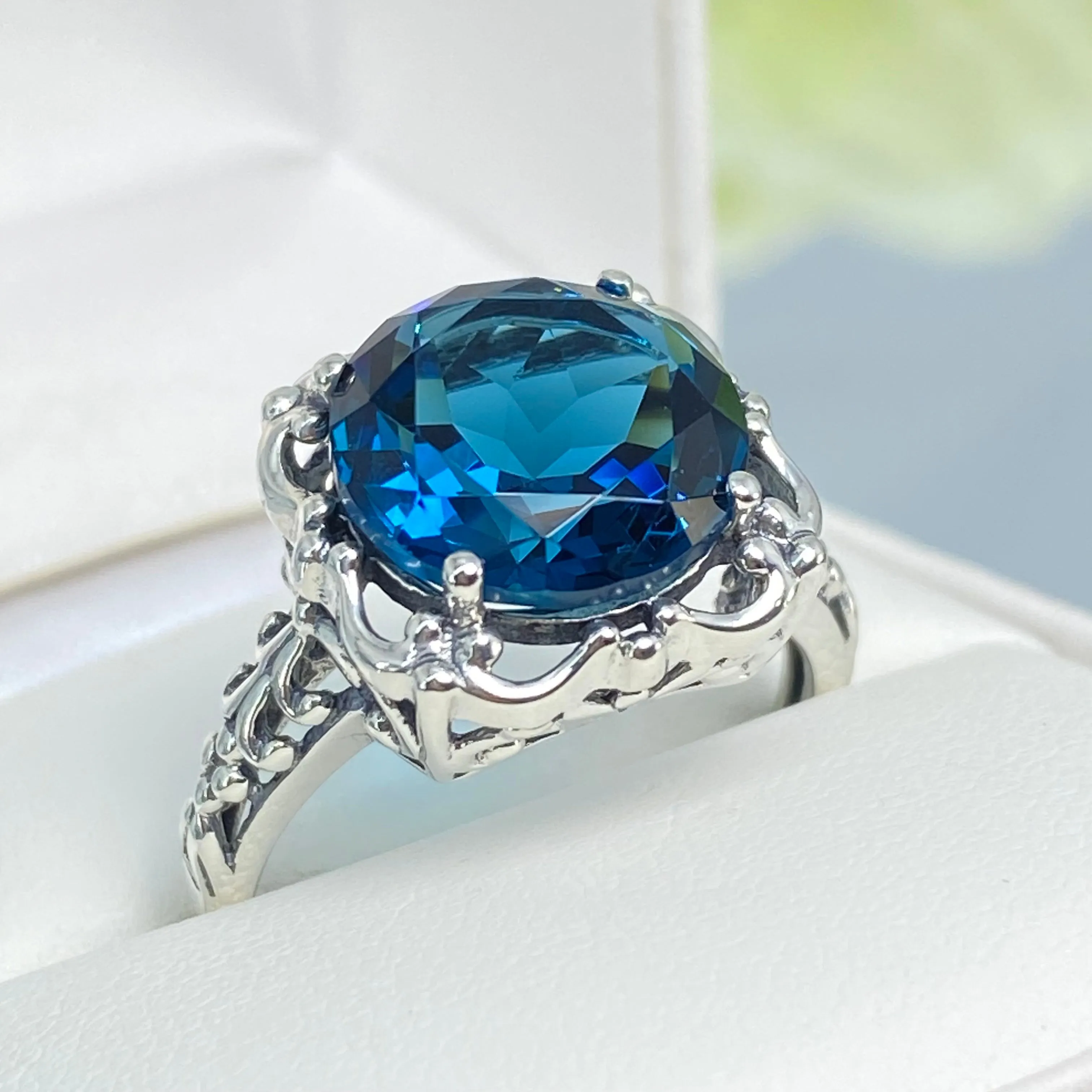 London Blue Topaz Victorian Ring, Size 8, Simulated Gemstone #D103 - Ready to Ship