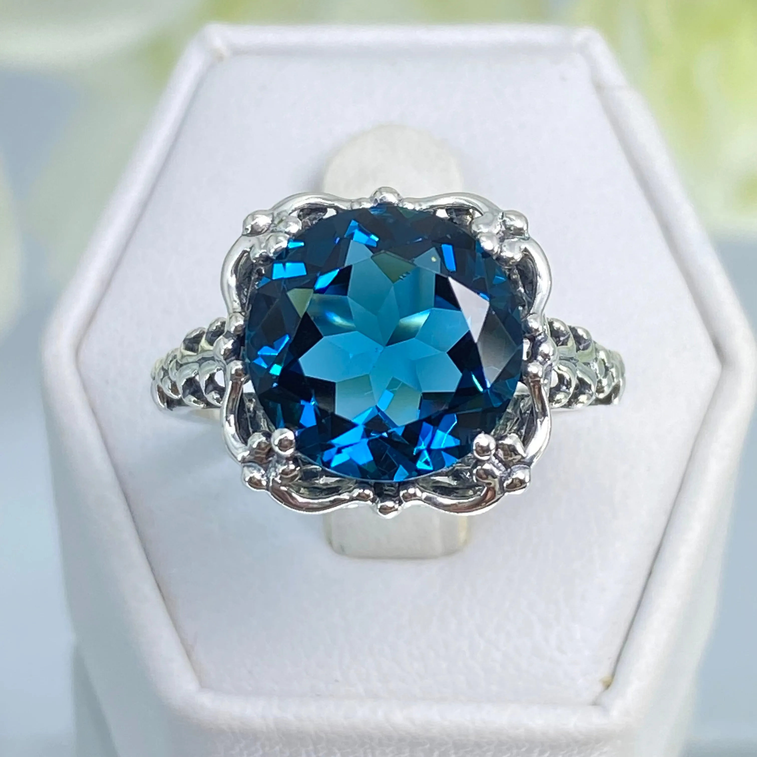 London Blue Topaz Victorian Ring, Size 8, Simulated Gemstone #D103 - Ready to Ship