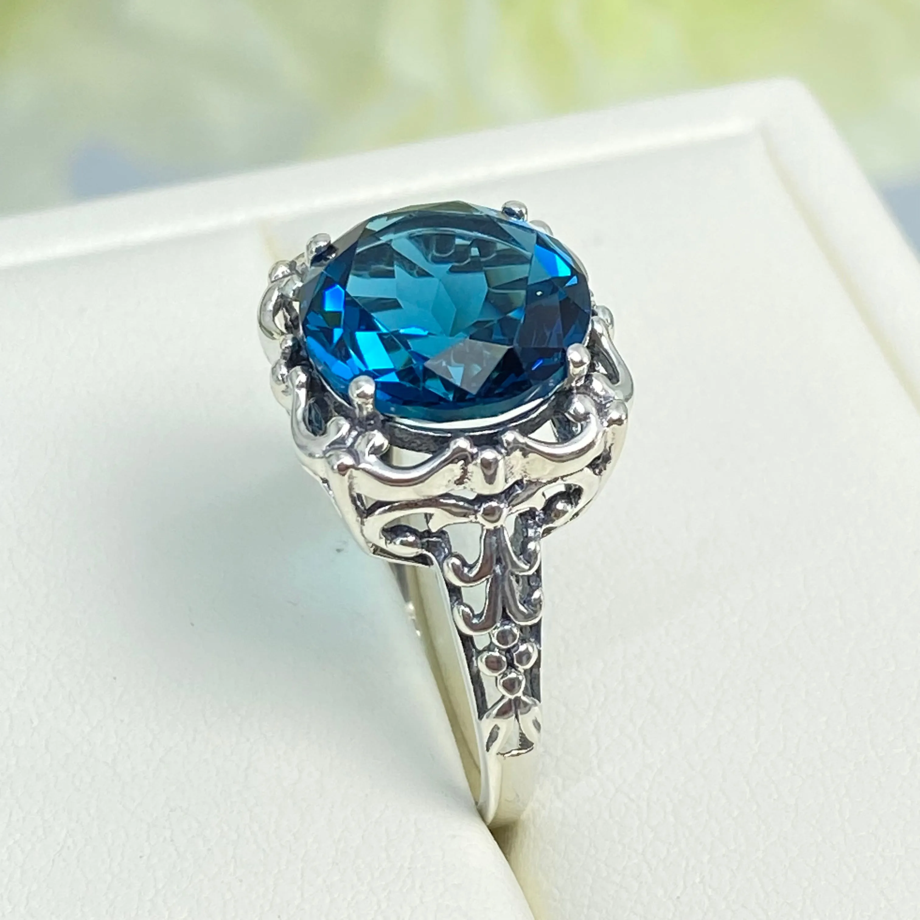 London Blue Topaz Victorian Ring, Size 8, Simulated Gemstone #D103 - Ready to Ship