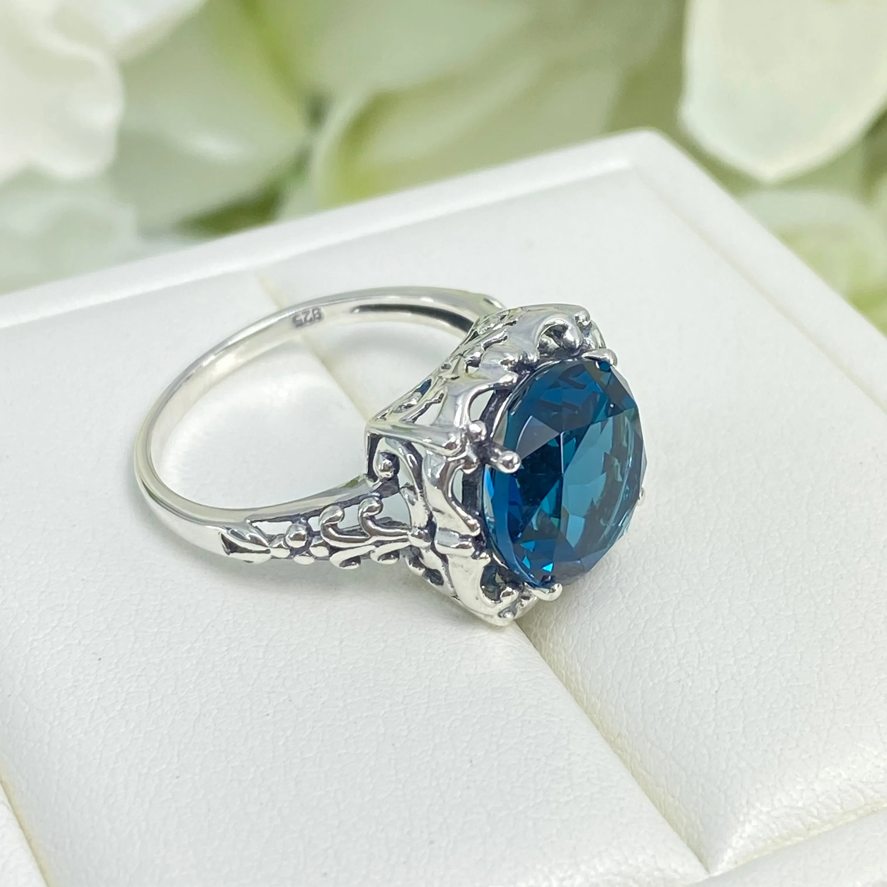 London Blue Topaz Victorian Ring, Size 8, Simulated Gemstone #D103 - Ready to Ship