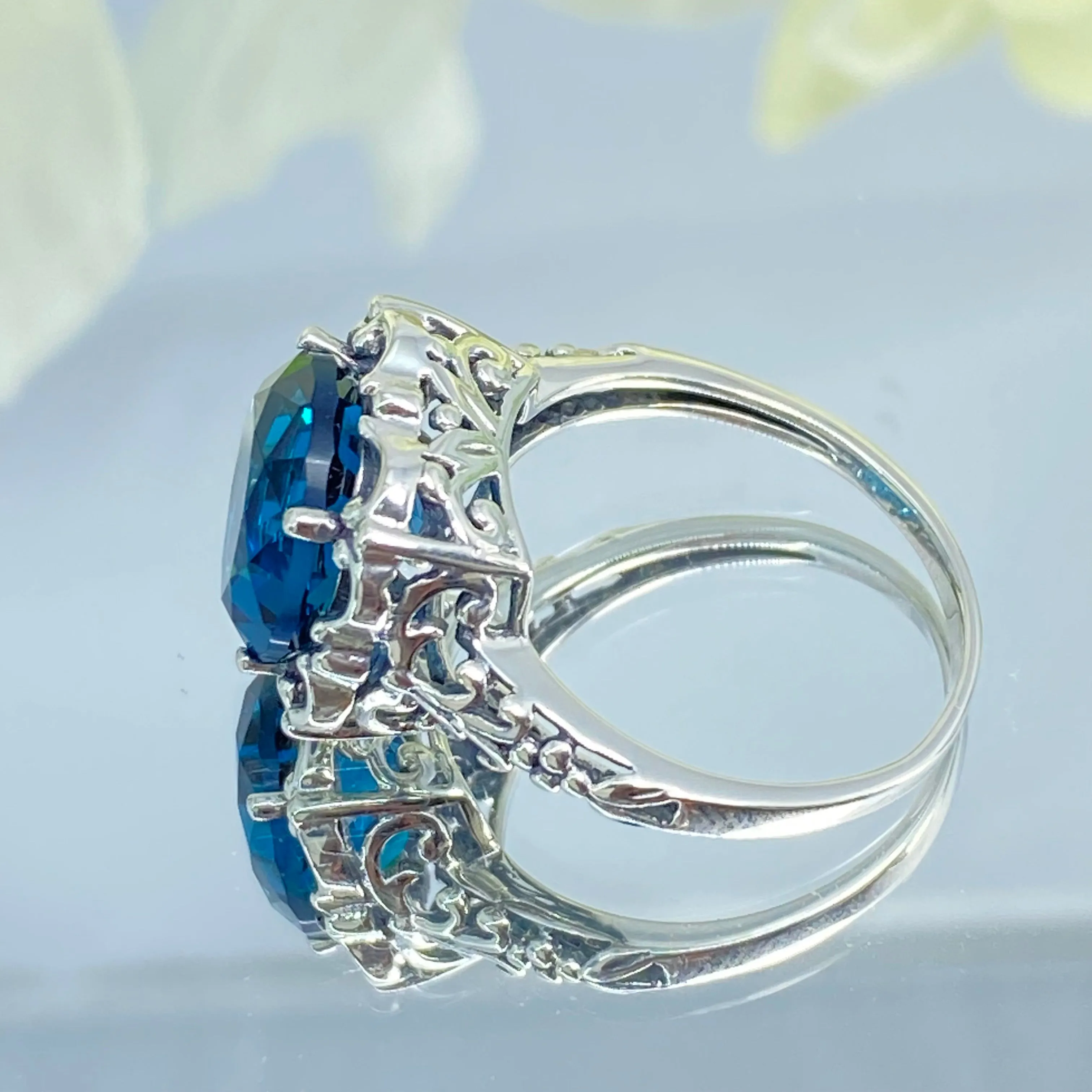 London Blue Topaz Victorian Ring, Size 8, Simulated Gemstone #D103 - Ready to Ship