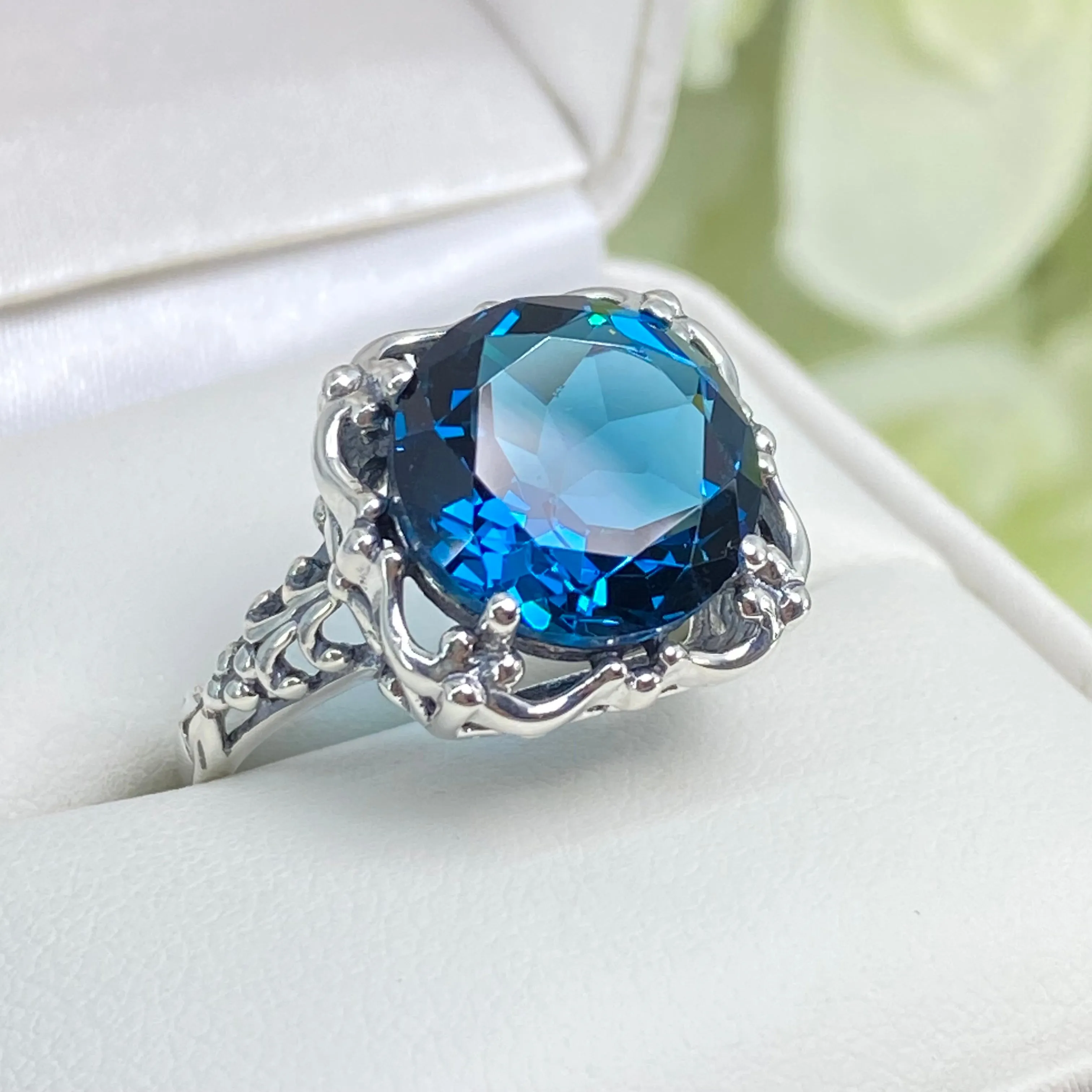 London Blue Topaz Victorian Ring, Size 8, Simulated Gemstone #D103 - Ready to Ship