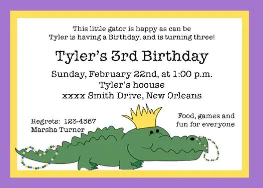 MARDI GRAS ALLIGATOR CUSTOM INVITATION