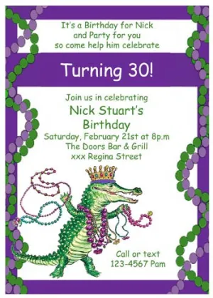 MARDI GRAS ALLIGATOR WITH BEAD BORDER CUSTOM INVITATION