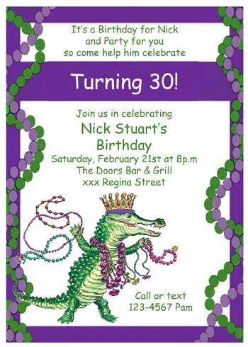 MARDI GRAS ALLIGATOR WITH BEAD BORDER CUSTOM INVITATION