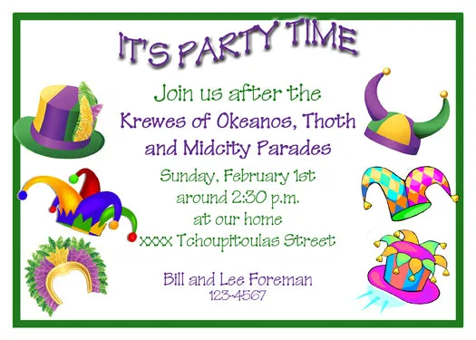 MARDI GRAS ASSORTED HATS CUSTOM INVITATION