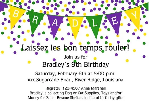 MARDI GRAS BANNER OF FLAGS AND CONFETTI CUSTOM INVITATION