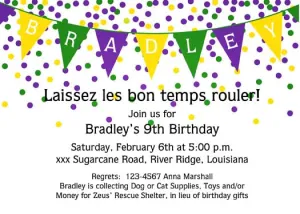 MARDI GRAS BANNER OF FLAGS AND CONFETTI CUSTOM INVITATION