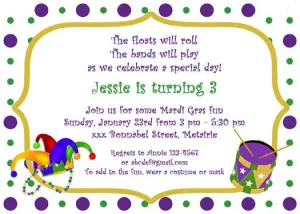 MARDI GRAS JESTER HAT, DRUM WITH DOTS CUSTOM INVITATION