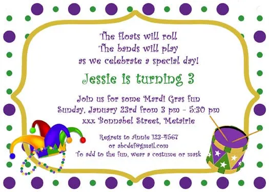 MARDI GRAS JESTER HAT, DRUM WITH DOTS CUSTOM INVITATION