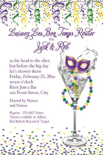 MARDI GRAS MARTINI AND STREAMERS CUSTOM INVITATION