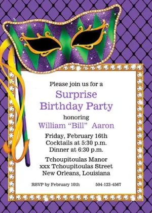 MARDI GRAS MASK AND DIAMONDS CUSTOM INVITATION