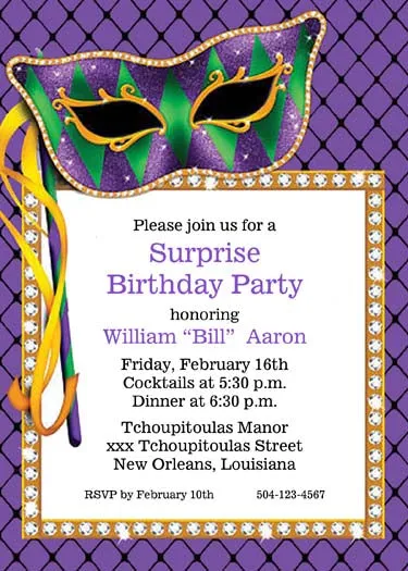 MARDI GRAS MASK AND DIAMONDS CUSTOM INVITATION