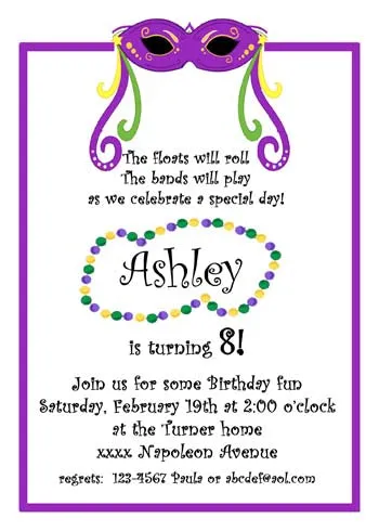 MARDI GRAS MASK AND RIBBON CUSTOM INVITATION