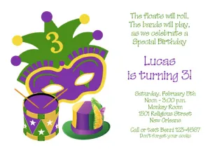 MARDI GRAS MASK, HAT AND DRUM CUSTOM INVITATION