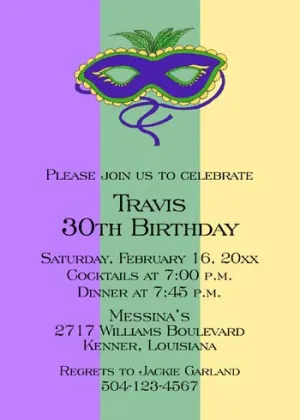 MARDI GRAS MASK WITH LARGE COLOR BANDS CUSTOM INVITATION