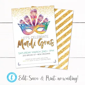 Mardi Gras Party Invitation Gold Purple Glitter Mask Feathers Invitation