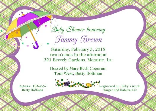 MARDI GRAS UMBRELLA AND PLAID CUSTOM INVITATION