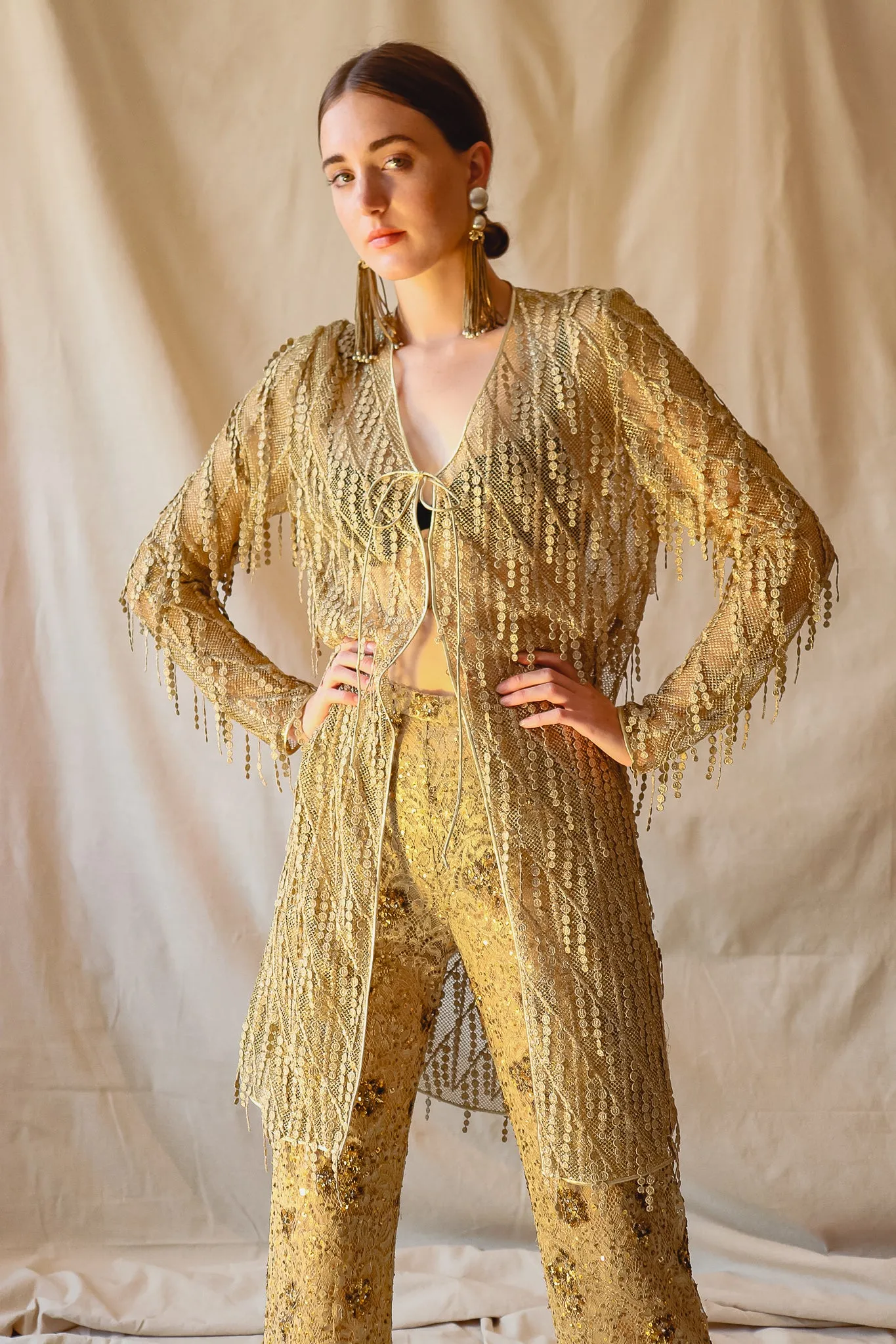 Mesh Fringe Jacket & Sequin Pant Set