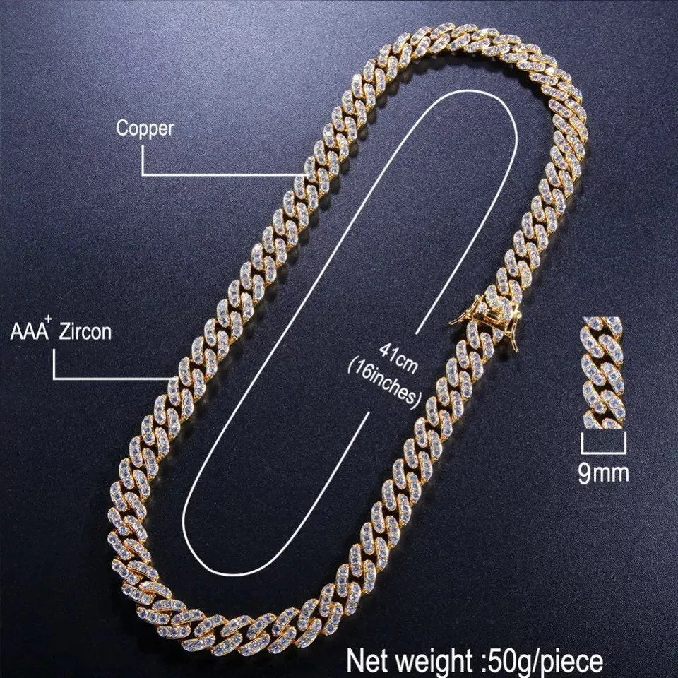 mini cuban chain necklace, blinged iced cuban necklace ,9mm Miami Cuban Necklaces Hiphop Men and women Iced necklace