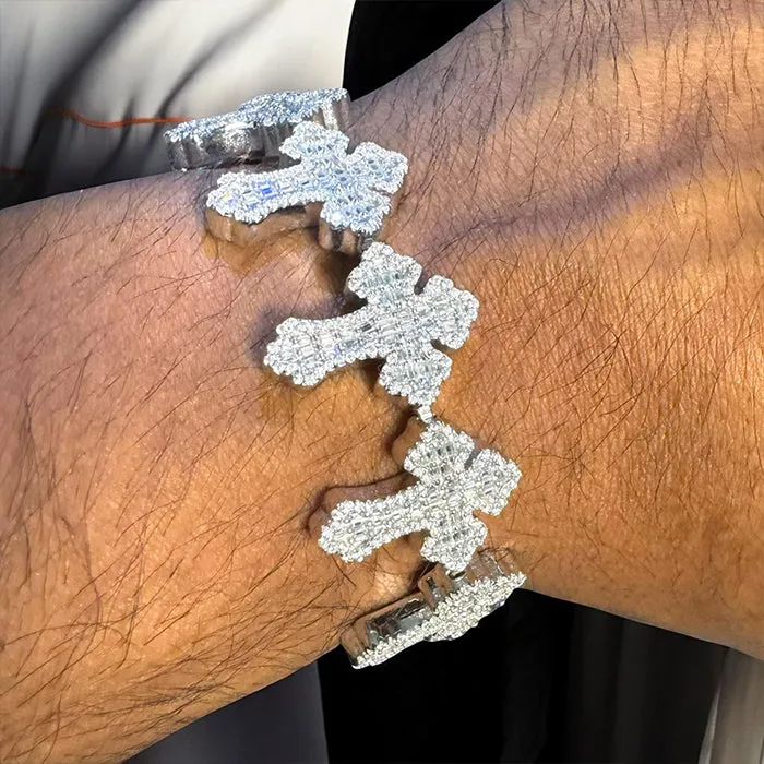 Moissanite Cross Link Bracelet Mens 925 Silver 14k