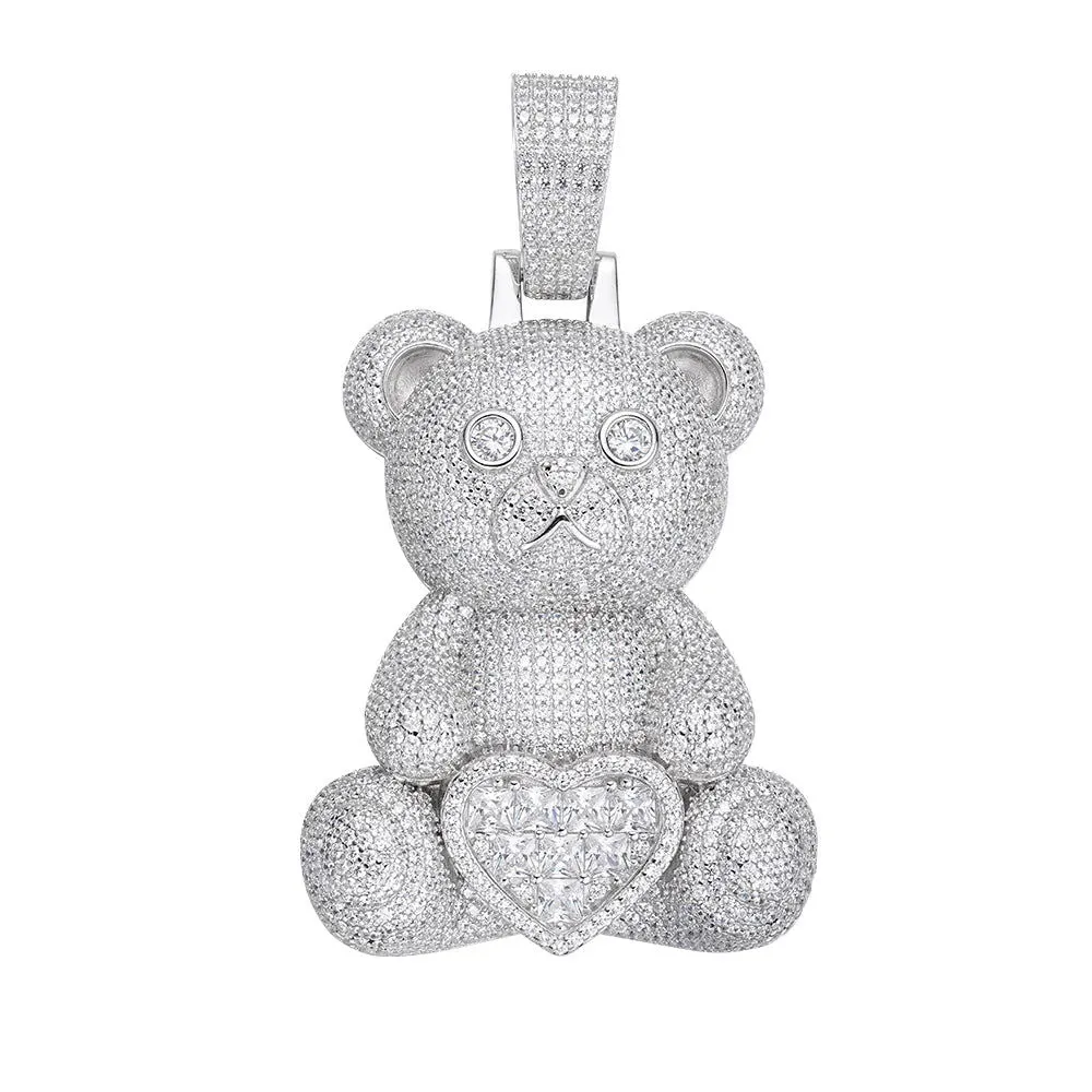 MOISSANITE Heart Teddy Pendant 14k White Gold 925 Silver