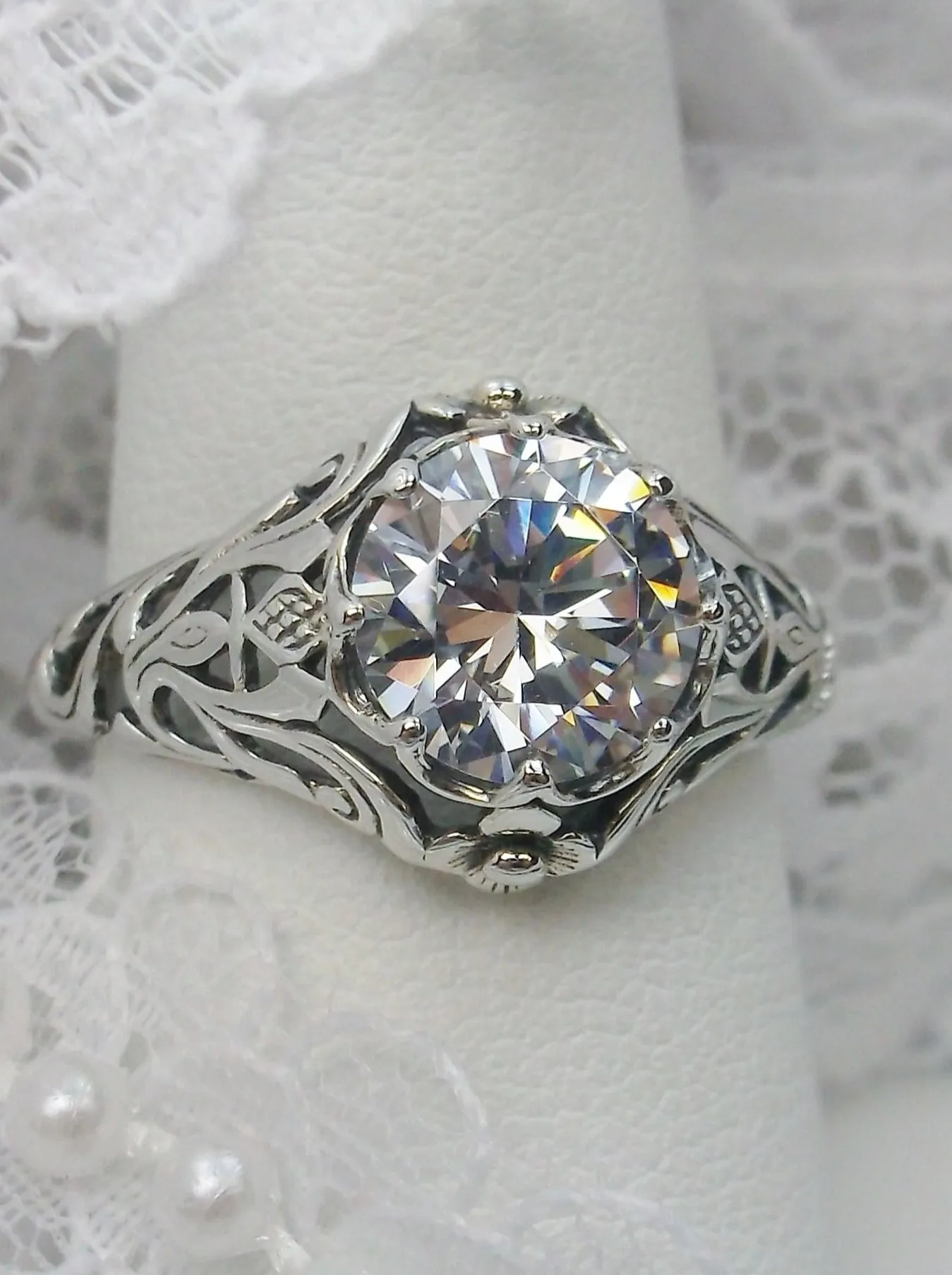 Moissanite Ring, Daisy Filigree, Victorian Jewelry #D66