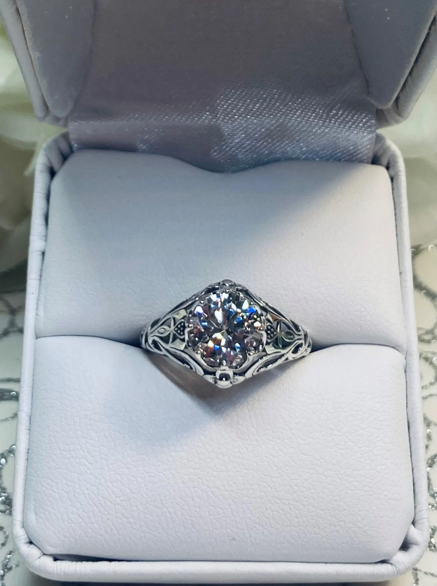 Moissanite Ring, Daisy Filigree, Victorian Jewelry #D66