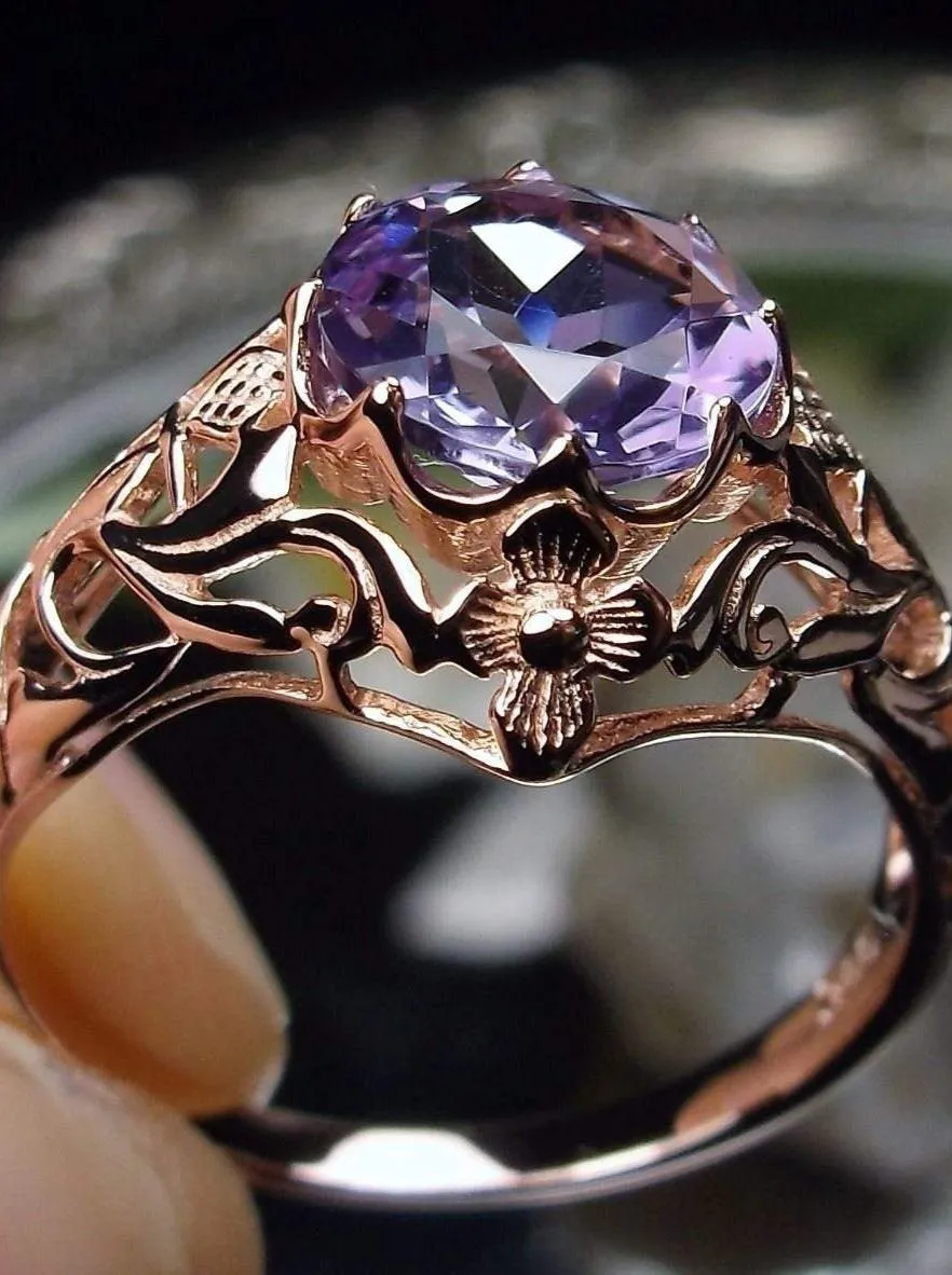 Natural Amethyst Ring, Rose Gold plated Daisy Victorian Jewelry #D66