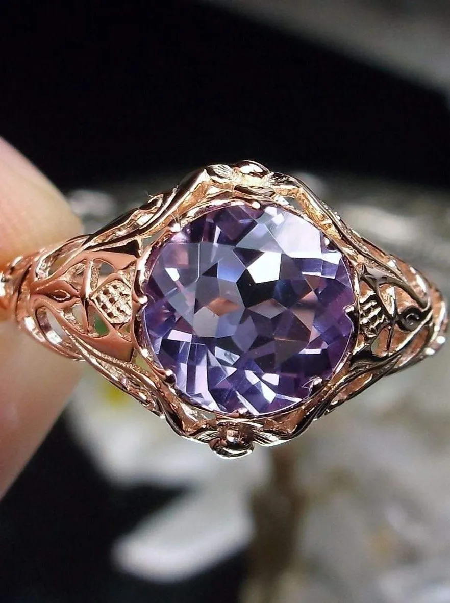 Natural Amethyst Ring, Rose Gold plated Daisy Victorian Jewelry #D66