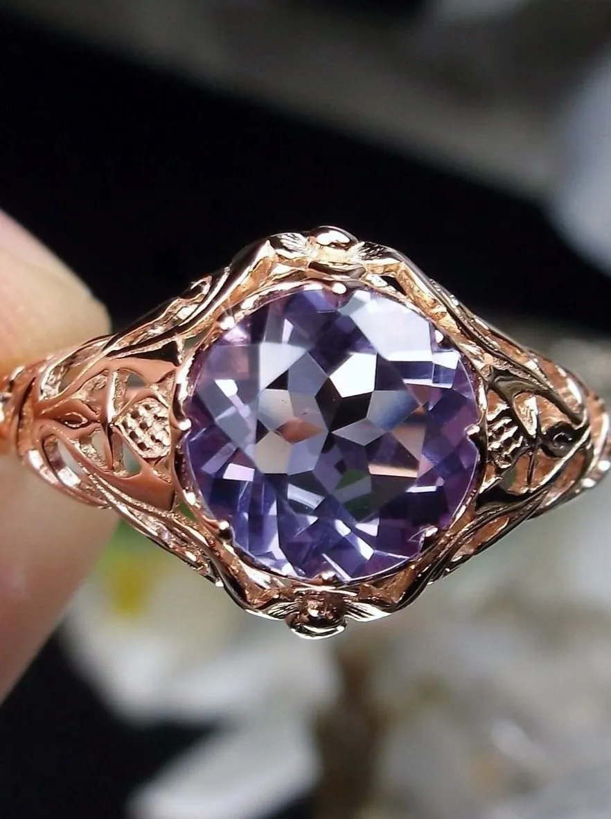 Natural Amethyst Ring, Rose Gold plated Daisy Victorian Jewelry #D66