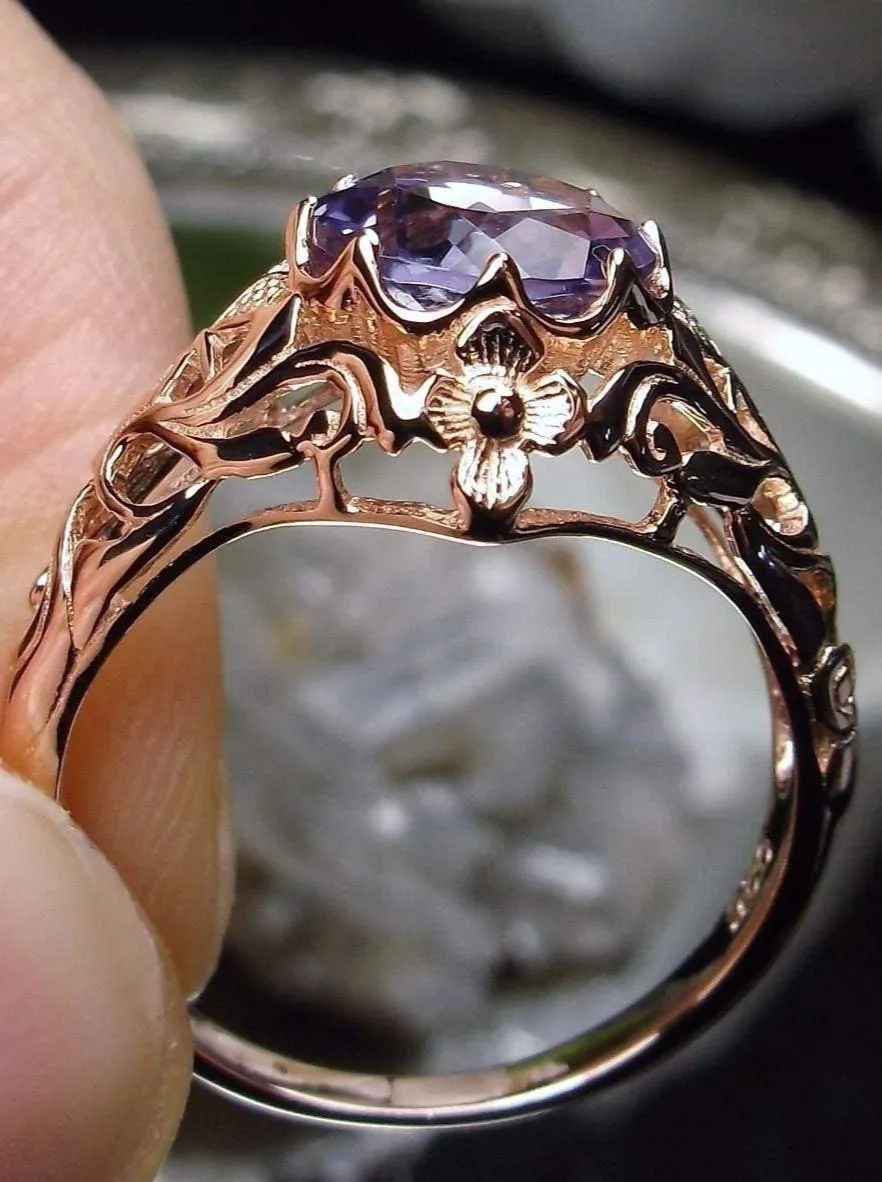 Natural Amethyst Ring, Rose Gold plated Daisy Victorian Jewelry #D66